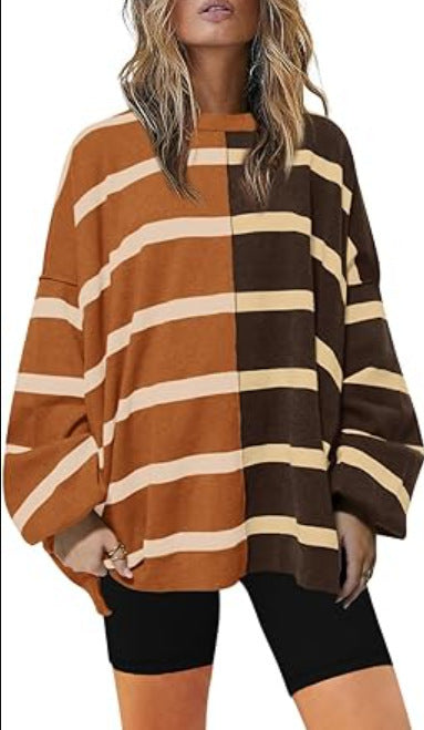 Sarah Express Women's Striped Knit Sweater Long Sleeve Pullover Loose Fit Acrylic