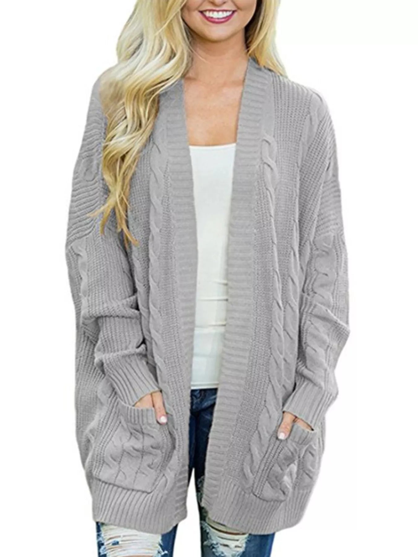 Sarah Express Women's Chunky Knit Open Front Cardigan - Cozy Oversized Plus Size Sweater Light Gray