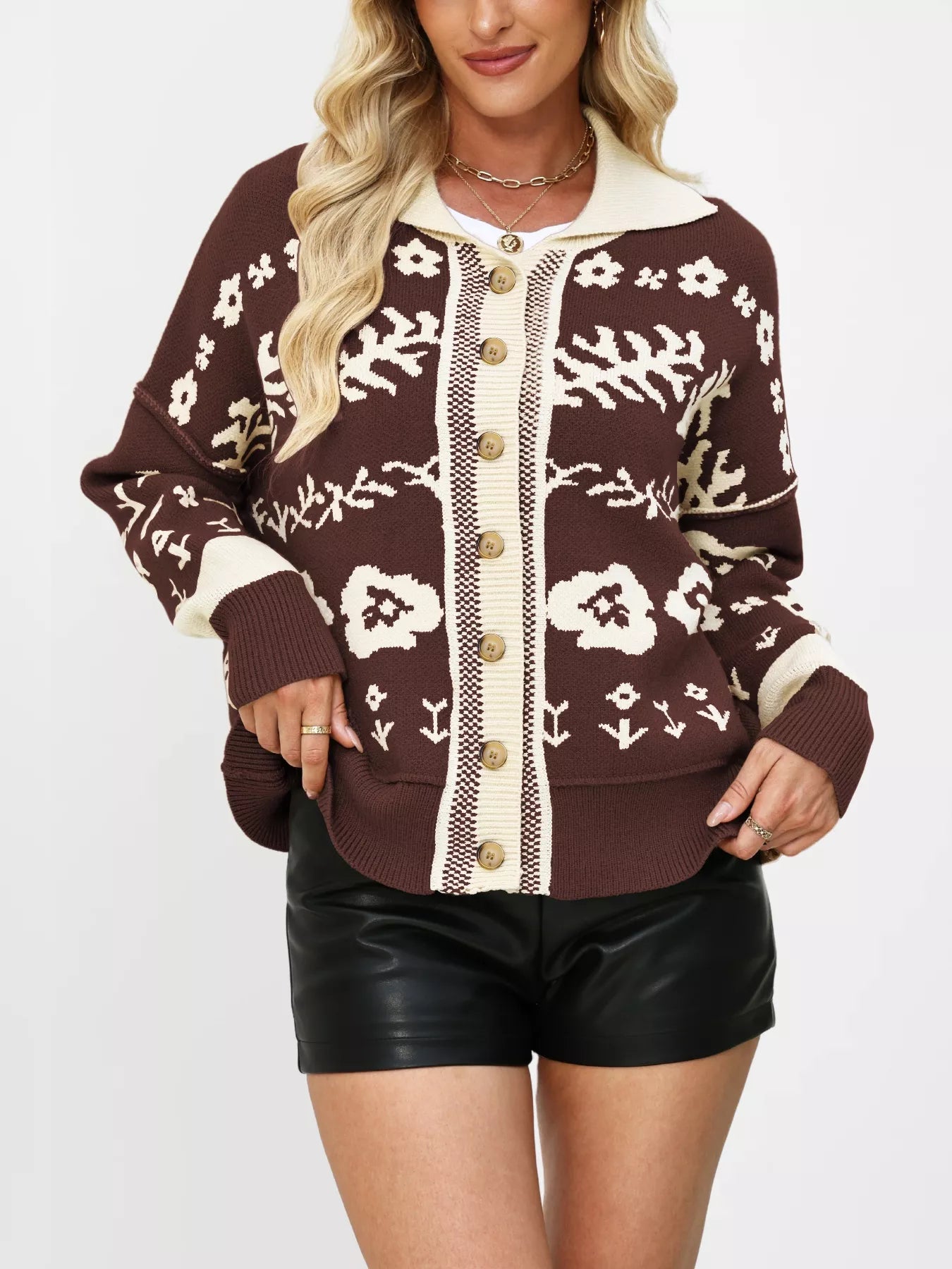 Trendsi Women's Floral Pattern Button-Down Cardigan Brown