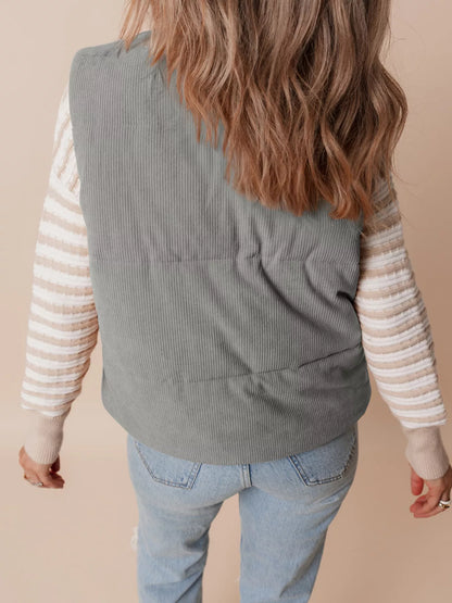 Sarah Express Women's Corduroy Stand Neck Zipped Puffer Vest