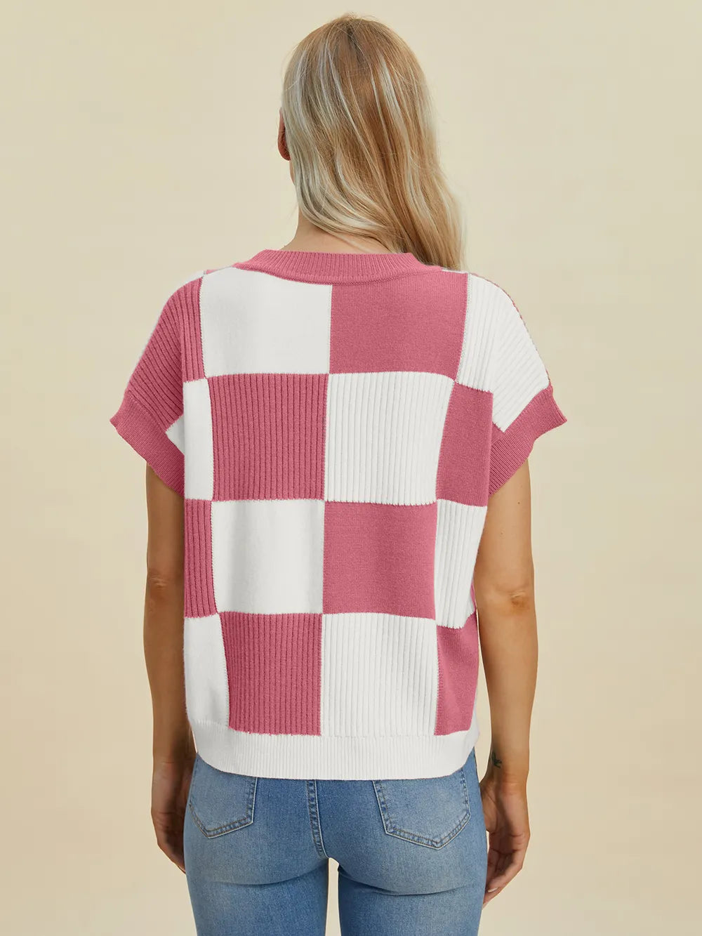 Sarah Express Women's Checkered Round Neck Short Sleeve Sweater