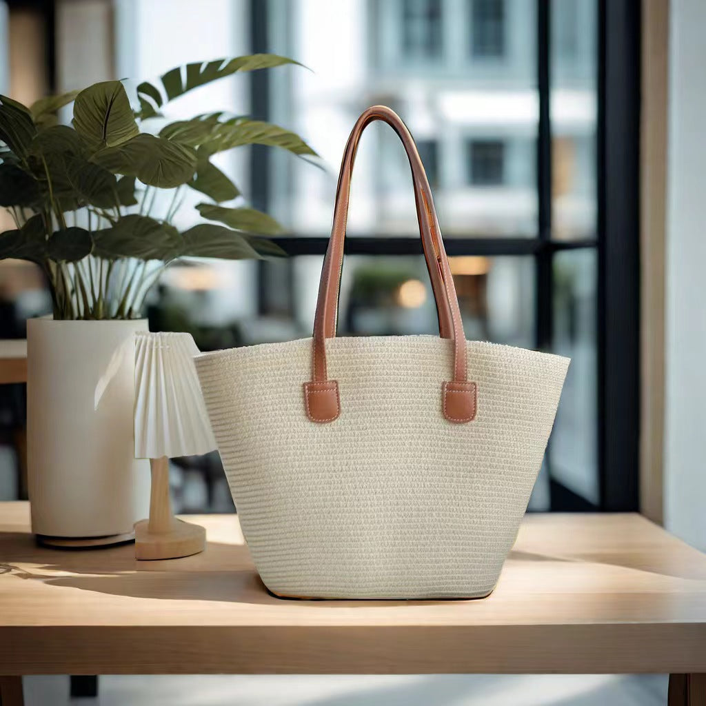 Sarah Express Women's Woven Straw Tote Bag - Minimalist Urban Casual Shoulder Bag with Zipper Compartment Beige Pinstripes 42X28X13CM