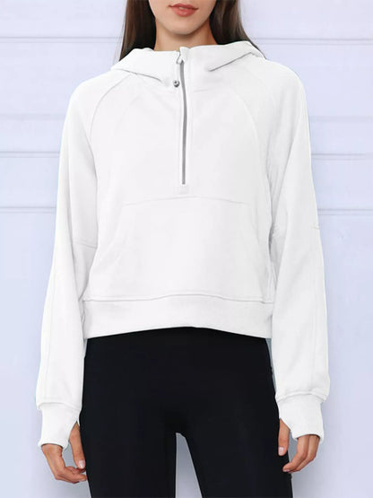 Sarah Express Women's Half-Zip Kangaroo Pocket Hoodie White