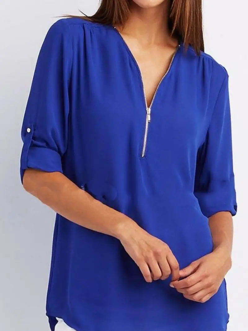 Sarah Express Ruched Half Zip V-Neck Blouse with Rollable Sleeves