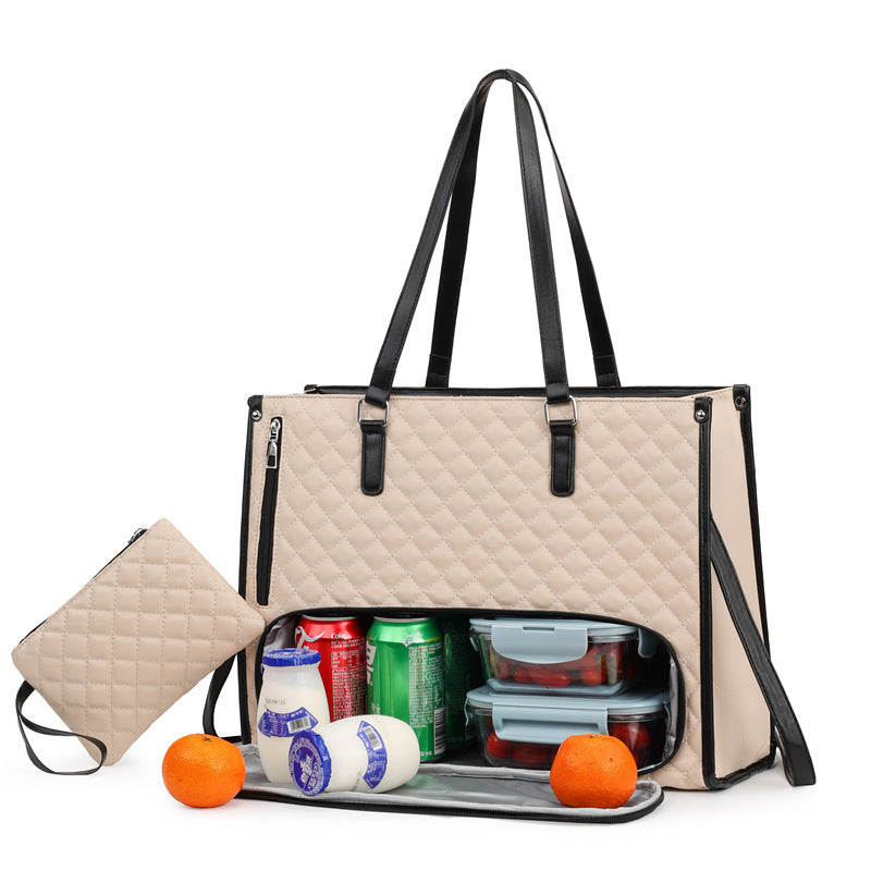Sarah Express 2-in-1 Tote & Lunch Bag Combo - Extra Large Capacity with Insulated Lunch Compartment Apricot White With Black