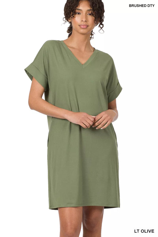 Sarah Express Women's Brushed DTY V-Neck Dress - Soft Rolled Sleeve Casual Dress