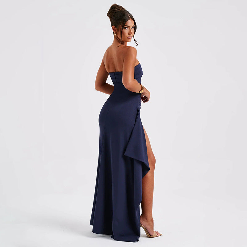 Strapless Pleated Maxi Dress Backless Split A-Line Wedding Party