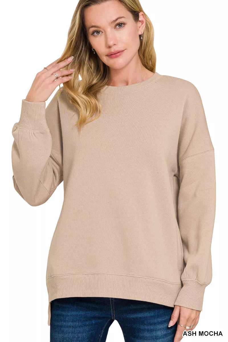 Sarah Express Women's Full Size Fleece Hi-Low Boyfriend Sweatshirt with Pockets Plus Size ASH MOCHA