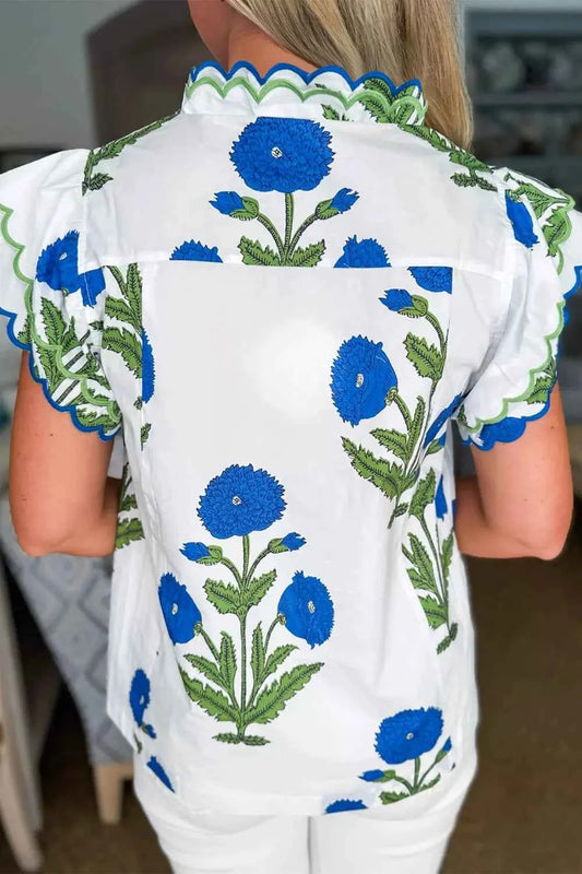 Sarah Express Women's Floral Print Ruffle Trim Blouse - Short Sleeve Cotton Viscose Top