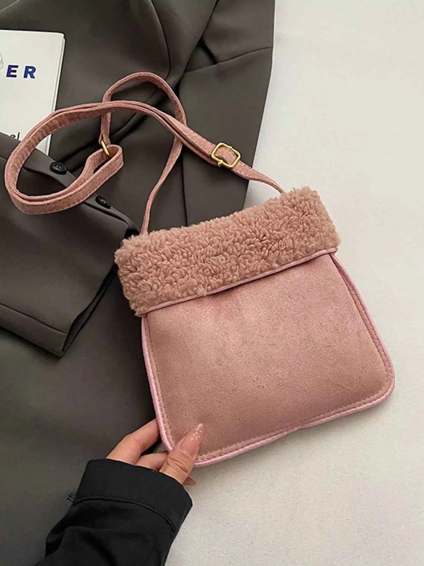 Sarah Express Women's Teddy Bear Charm Plush Crossbody Bag - Mini Suede Shoulder Bag