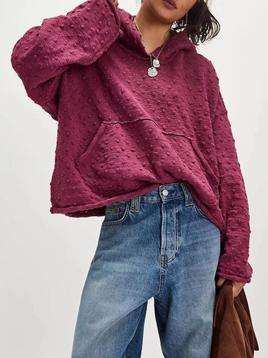 Sarah Express Women's Textured Dot Knit Long Sleeve Hooded Sweater Burgundy