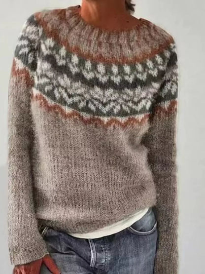 Sarah Express Women's Vintage Patterned Round Neck Sweater Plus Size Beige