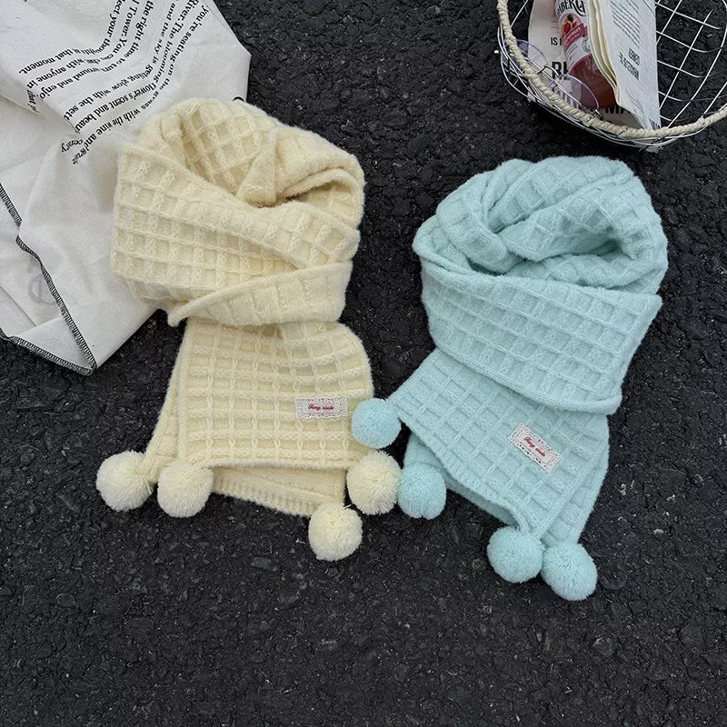 Sarah Express Women's Waffle Knit Pom-Pom Scarf - Cozy Winter Accessory