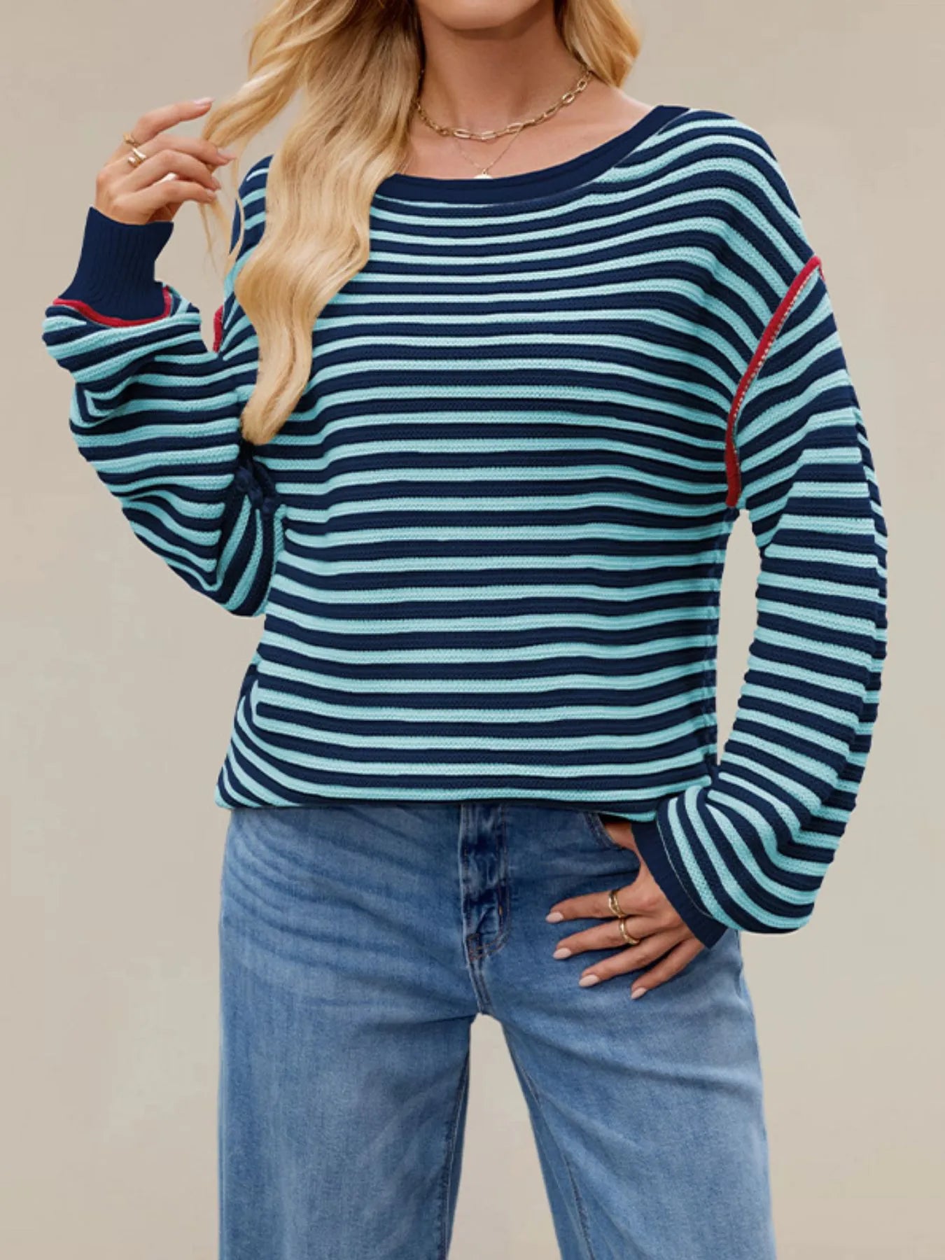 Sarah Express Women's Slit Striped Oversized Sweater Navy Blue
