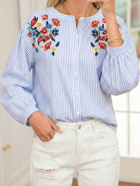 Sarah Express Women's Stripe Floral Embroidered Tunic Blouse - Billowy Sleeve Baggy Shirt