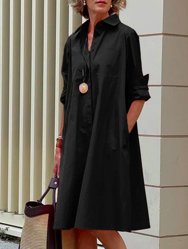 Sarah Express Women's Polo Collar Shirt Dress Long Sleeve Mid Length Cotton Blend Casual