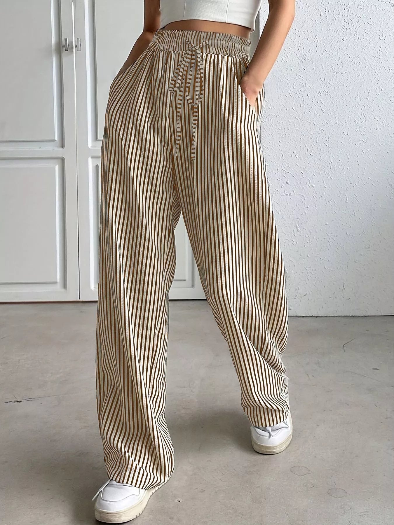 Sarah Express Women's Striped High-Waisted Wide Leg Pants Khaki