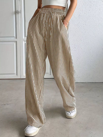 Sarah Express Women's Striped High-Waisted Wide Leg Pants Khaki
