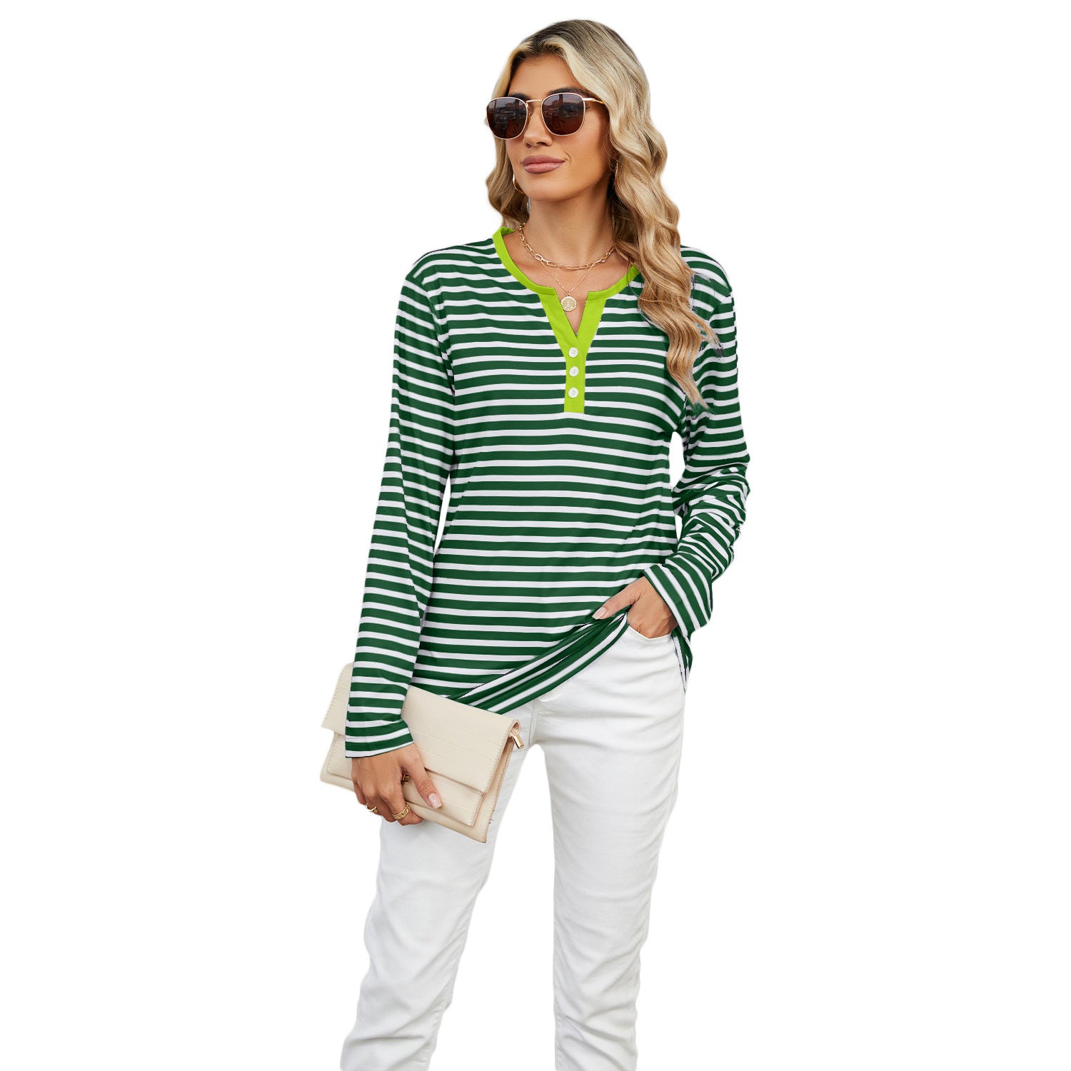 Sarah Express Women's V-Neck Striped Long Sleeve T-Shirt Loose Fit Casual Top