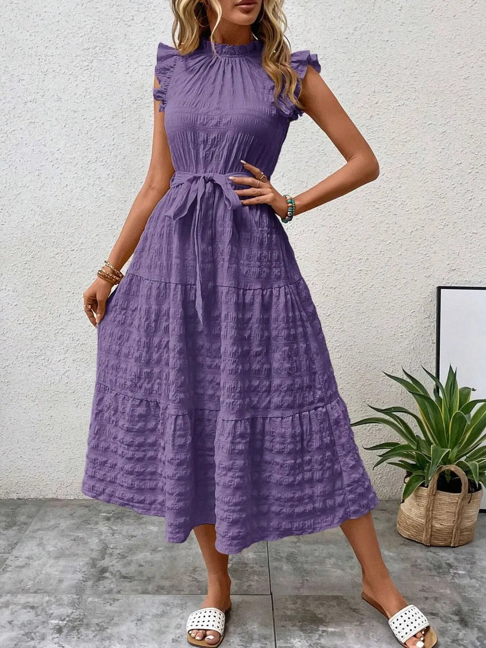 Sarah Express Women's Tied Ruffled Cap Sleeve Midi Dress Purple