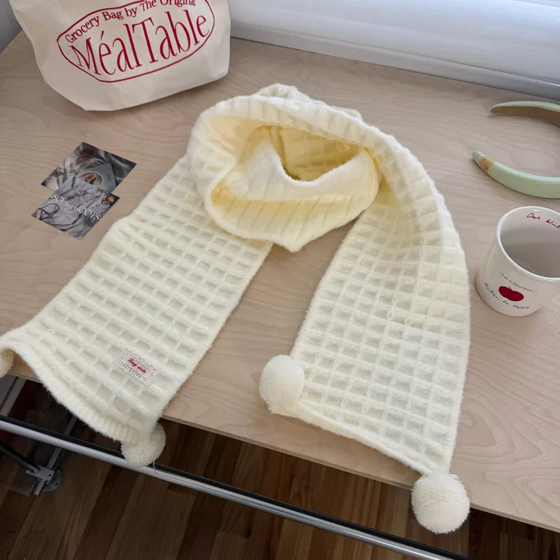 Sarah Express Women's Waffle Knit Pom-Pom Scarf - Cozy Winter Accessory