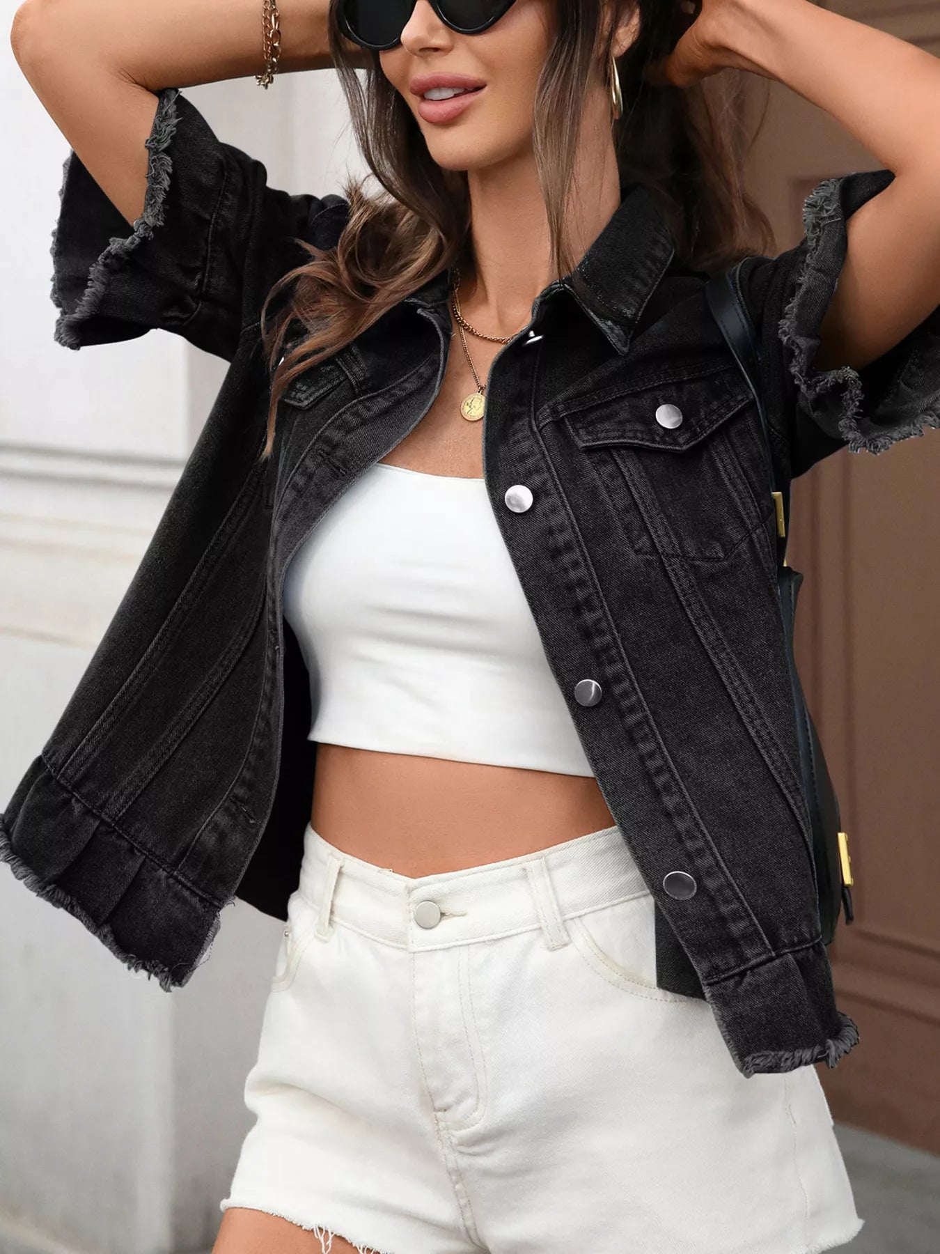 Sarah Express Women's Raw Hem Button Up Denim Jacket