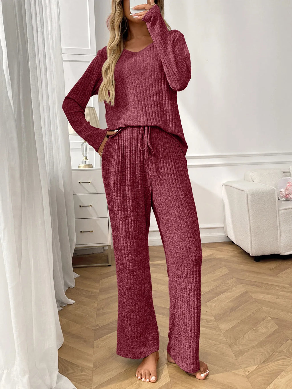 Sarah Express Women's Ribbed Long Sleeve Top and Pants Lounge Set