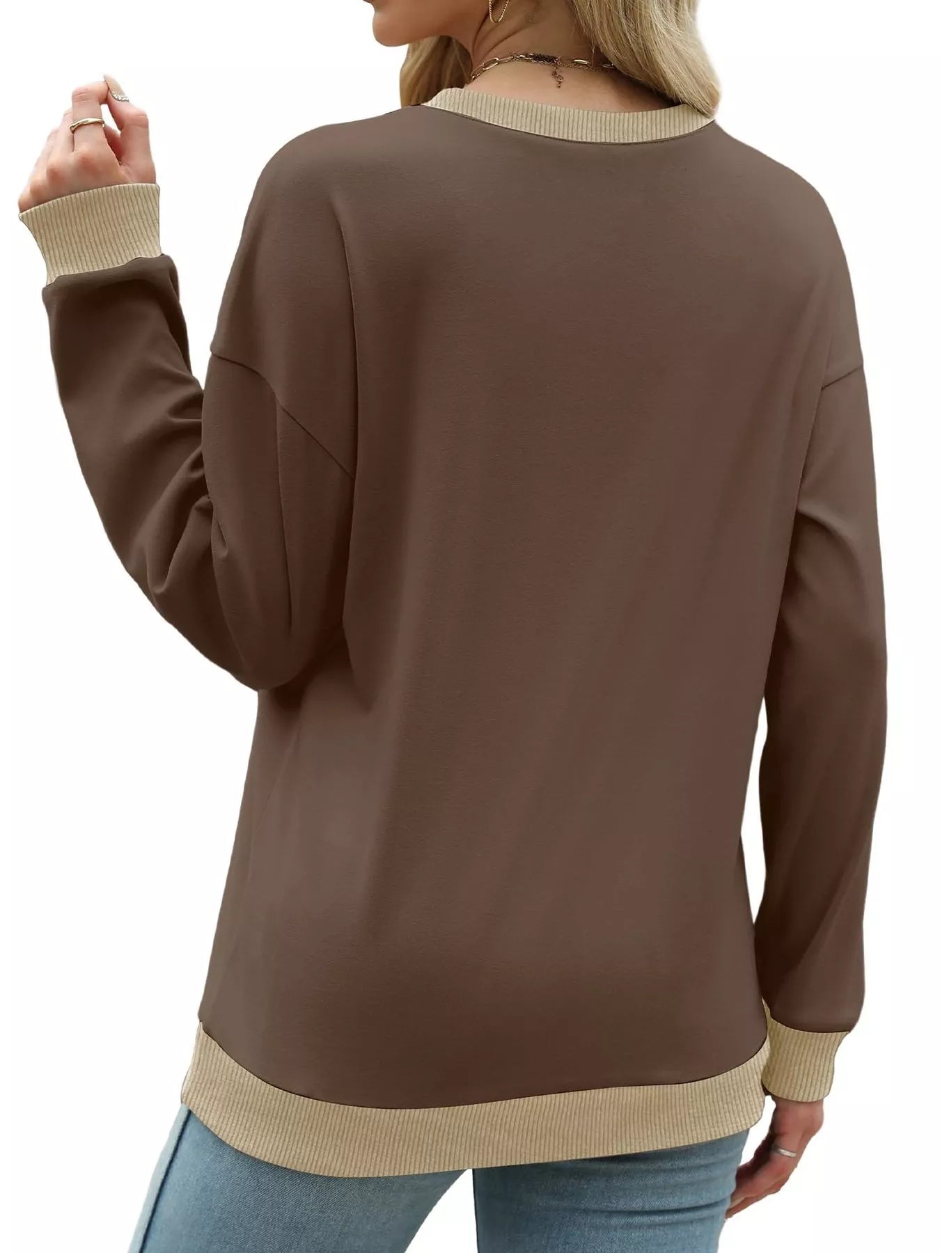 Sarah Express Women's Contrast Trim Crew Neck Casual Sweatshirt