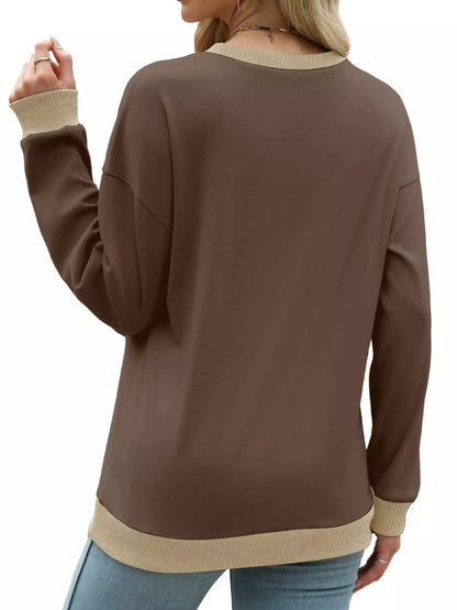 Sarah Express Women's Contrast Trim Crew Neck Casual Sweatshirt