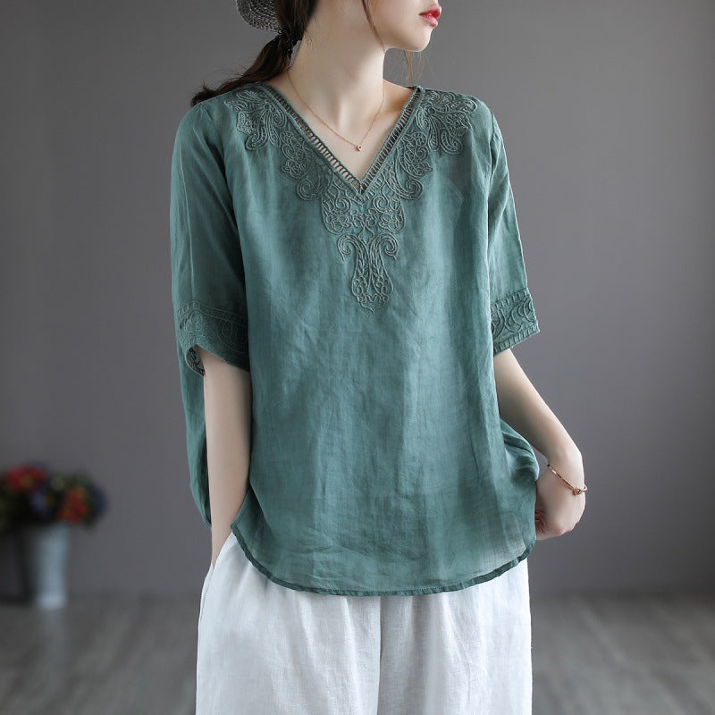 Sarah Express Women's Embroidered Cotton Linen V-Neck T-Shirt Ethnic Retro Style Short Sleeve
