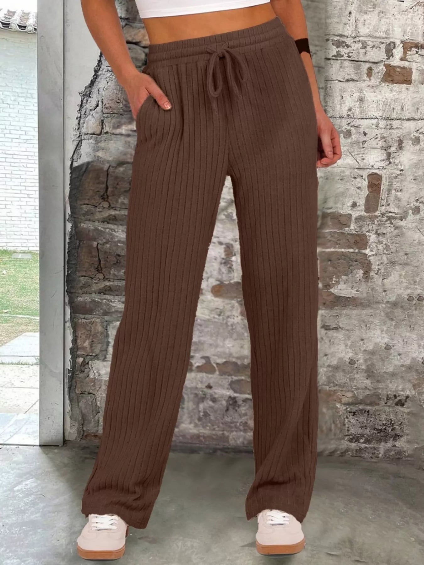 Sarah Express Women's Ribbed Knit Joggers with Pockets - Drawstring Waist Lounge Pants Brown