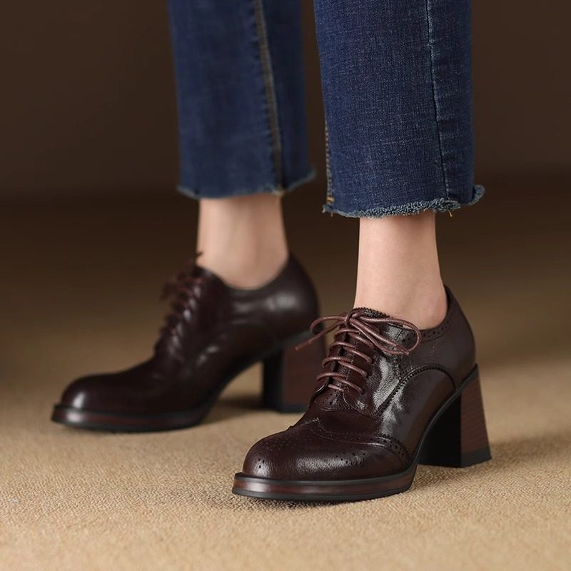 Sarah Express Women's British-Style Round-Toe Chunky Heel Pumps | Cross-Tie Strap Dress Shoes Brown