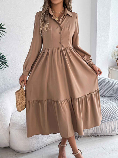 Sarah Express Women's Lapel Ruffled Shirt Dress - Long Sleeve Casual Blouse Dress