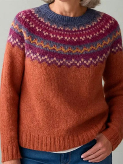 Sarah Express Women's Vintage Patterned Round Neck Sweater Plus Size Rust