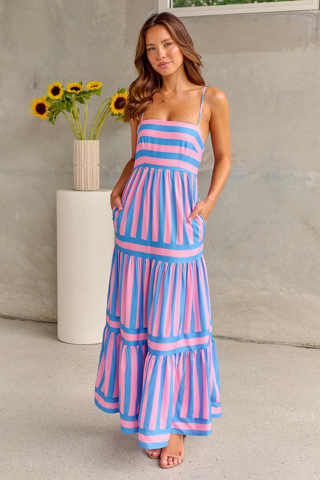 Striped Square Neck Maxi Dress Backless Suspender with Pockets