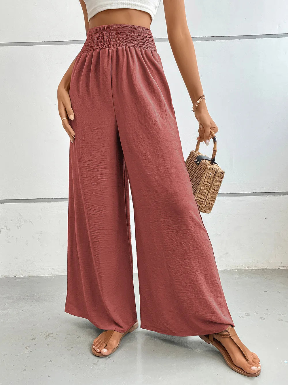 Sarah Express Women's Wide Leg Pants with Pockets - Perfee Rust