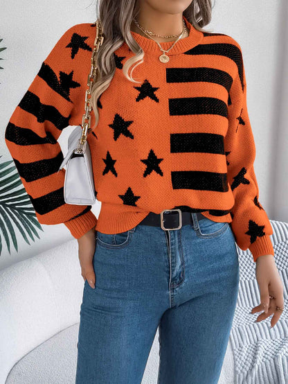 Sarah Express Women Casual Star Stripe Lantern Sleeve Long Sleeve Pullover Sweater