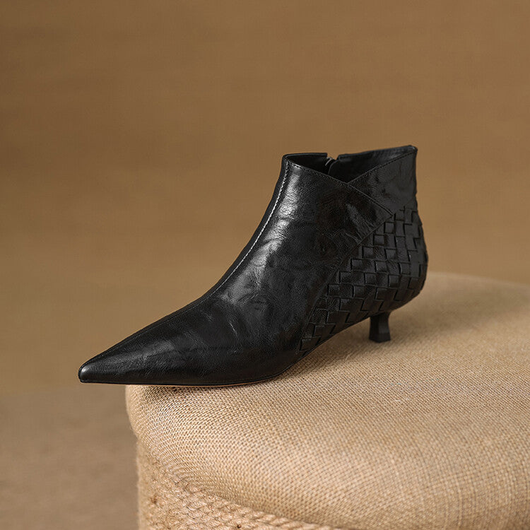 Sarah Express Women's Woven Full-Grain Sheepskin Ankle Boots | Pointed Toe Side Zipper Low Heel Black Fleece lined