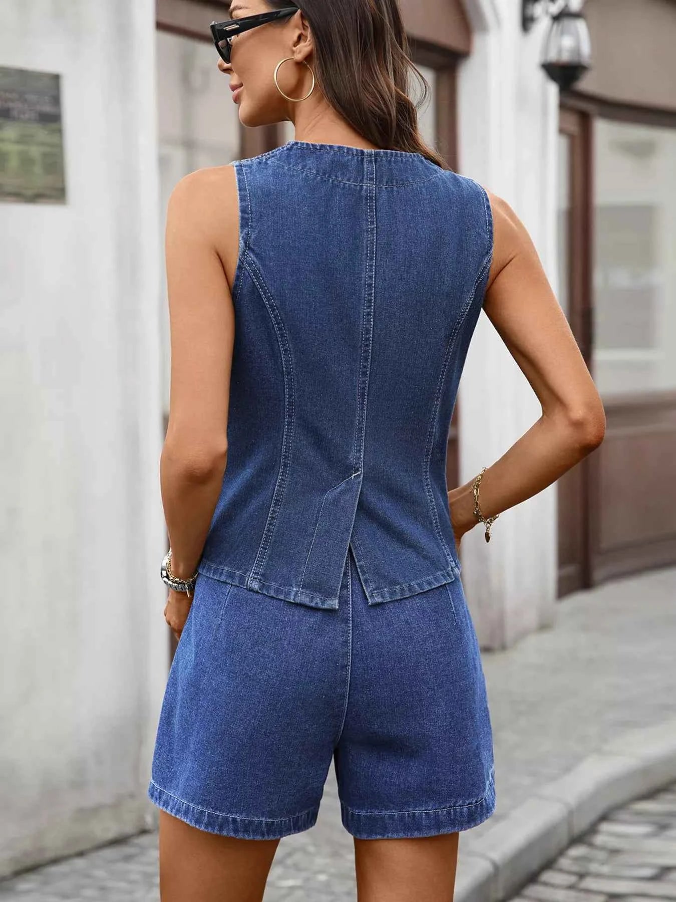 Sarah Express Women's Sleeveless Button-Down Denim Vest & Shorts Two-Piece Set