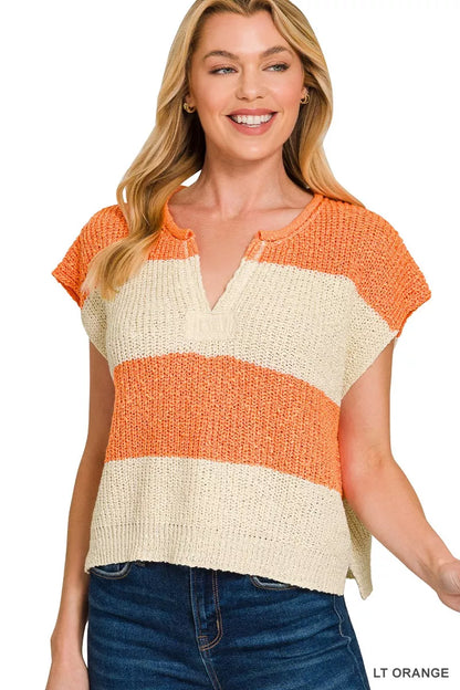 Sarah Express Women's Split Neck Sleeveless Stripe Sweater - Casual Knitwear Top LT ORANGE