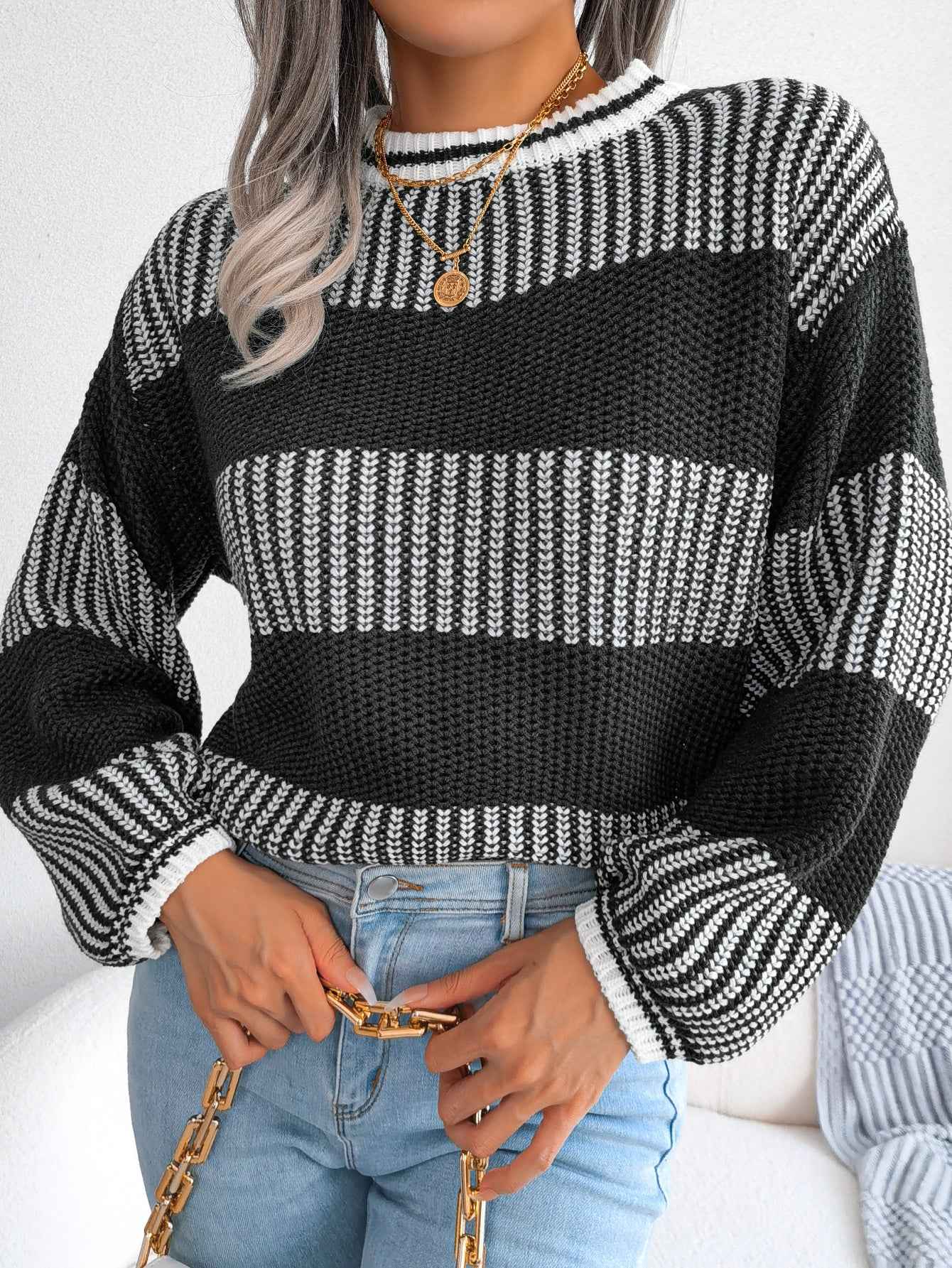 Sarah Express Women's Color Block Striped Knit Sweater - Long Sleeve Casual Pullover Black
