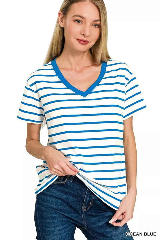 Sarah Express Women's Striped V-Neck Short Sleeve T-Shirt - Casual Cotton Tee