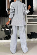 Sarah Express Women's Two-Piece Contrast Lapel Top and Pants Set Buttoned Pocketed Work Casual Outfit