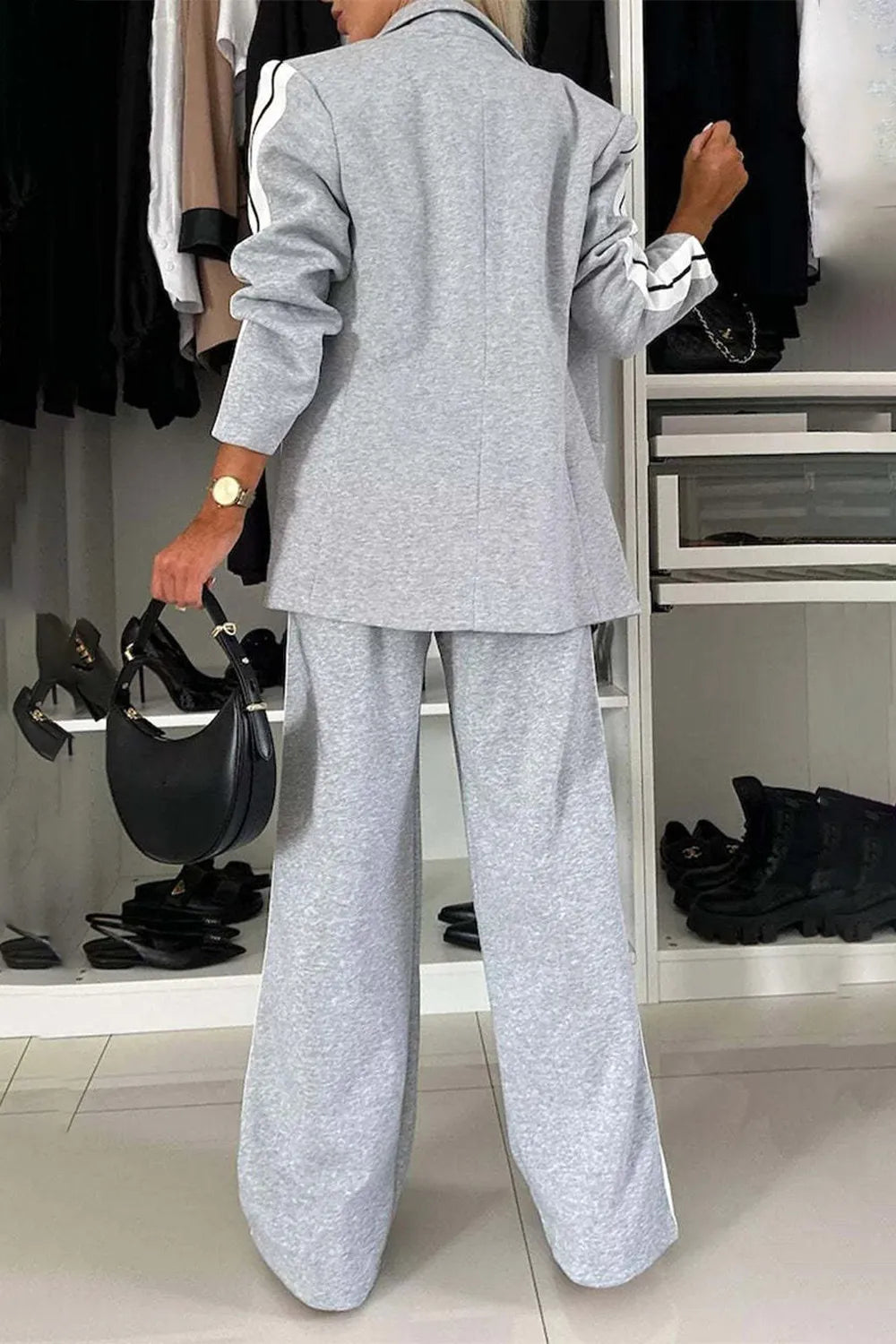 Sarah Express Women's Two-Piece Contrast Lapel Top and Pants Set Buttoned Pocketed Work Casual Outfit
