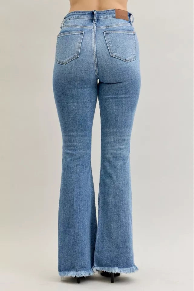 Sarah Express Women’s High Rise Flare Jeans with Fray Hem and Pintuck Detail
