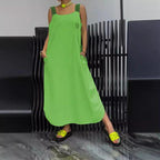 Sarah Express Women's Striped Cotton Linen Maxi Dress Sleeveless Shoulder Strap Dress with Pockets