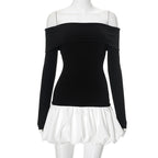 Sarah Express Off-Shoulder High Waist Dress Long Sleeve Contrast Stitching