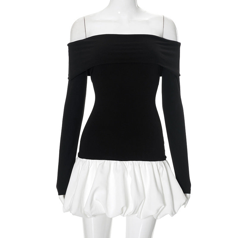 Sarah Express Off-Shoulder High Waist Dress Long Sleeve Contrast Stitching