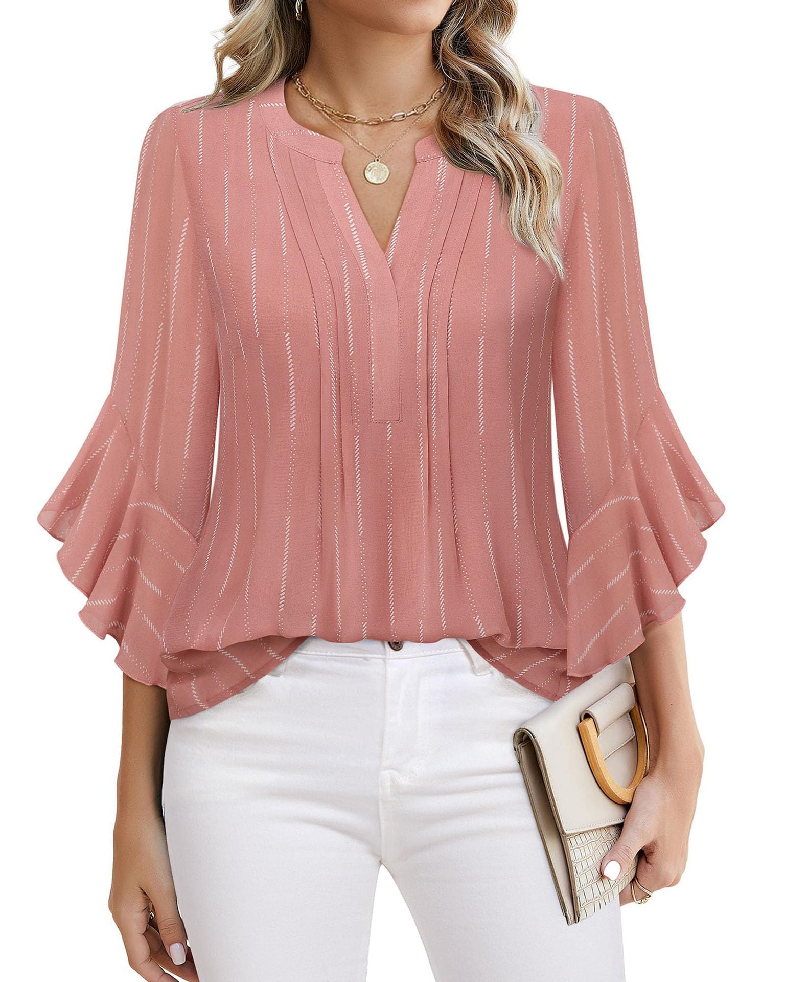 Sarah Express Women's Lotus Leaf Ruffle Sleeve Pullover Top Loose Fit 3/4 Sleeve