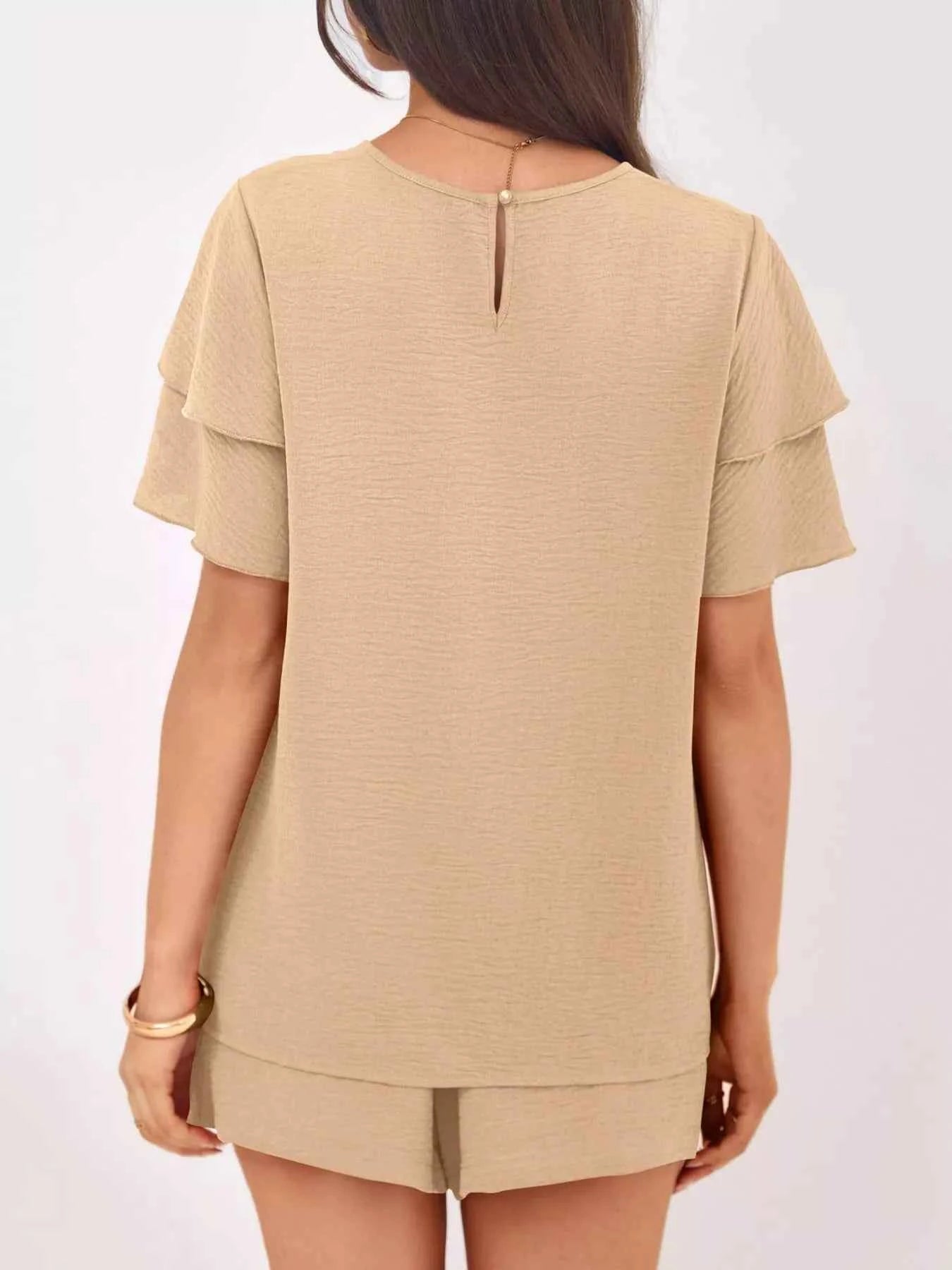 Sarah Express Women's Ruffle Sleeve Top and Shorts Two-Piece Set - Casual Summer Outfit